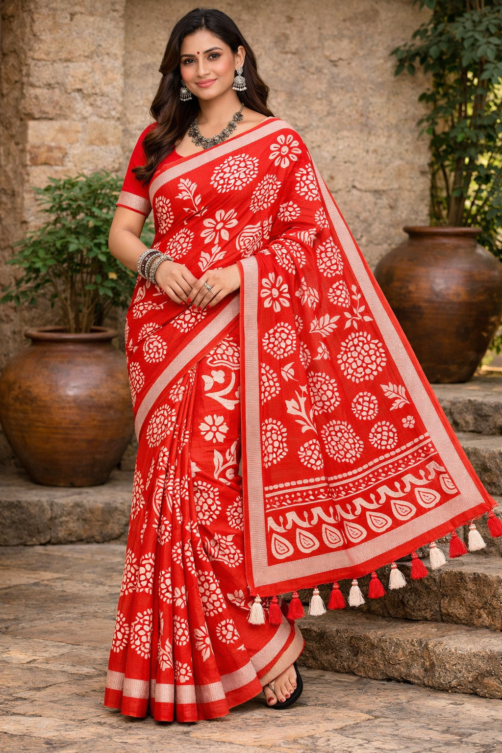 Batik Print Cotton Linen Saree in Red with White Motifs