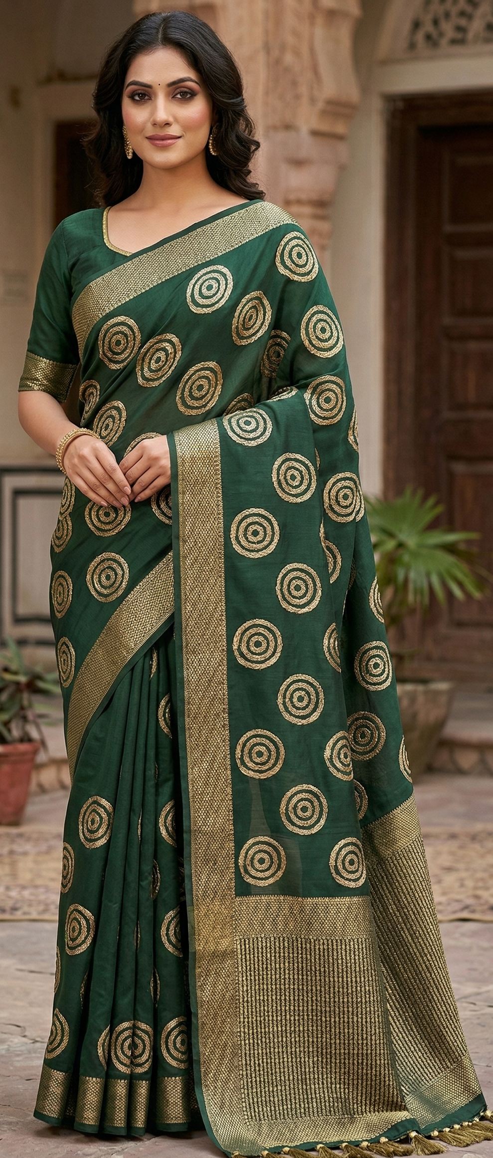 Batik Print Muslin Silk Saree in Deep Forest Green with White Motifs