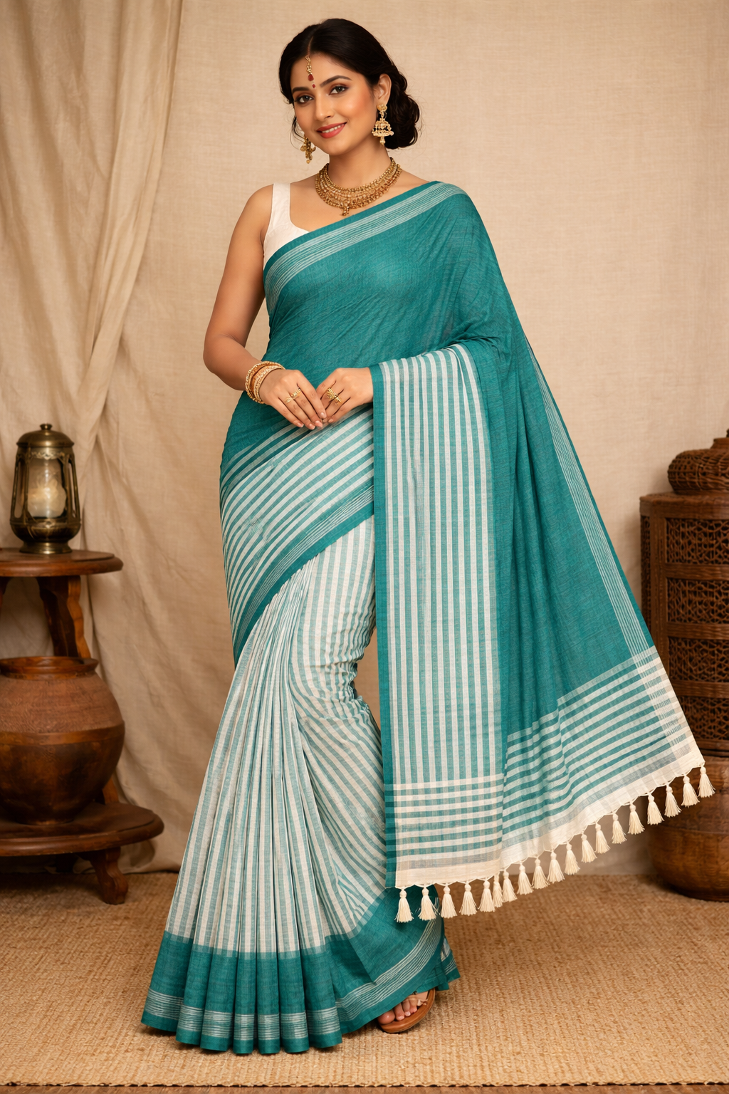 Batik Print Muslin Silk Saree in Teal Green with Striped Borders