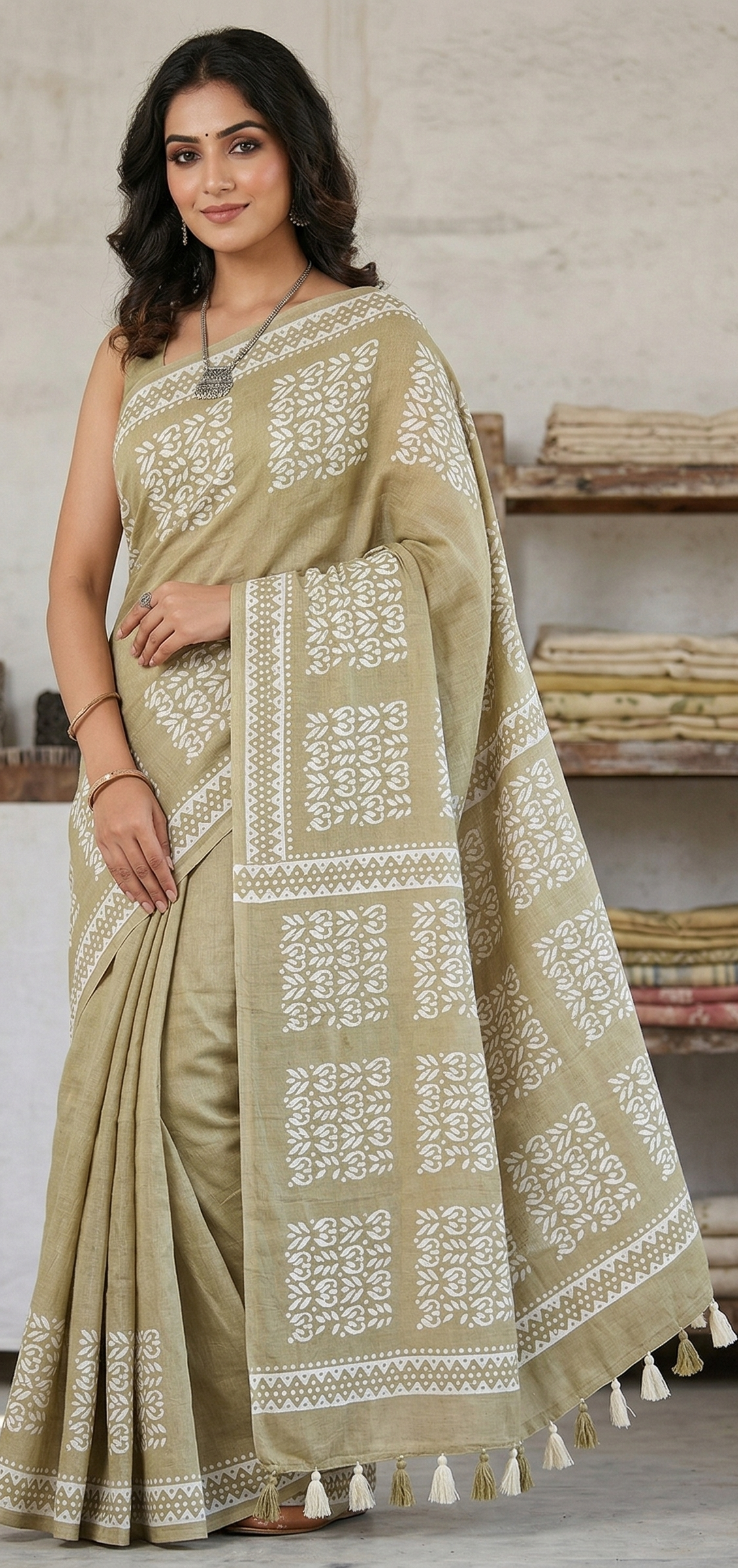 Batik Print Muslin Silk Saree in Soft Olive Green with Striped Borders