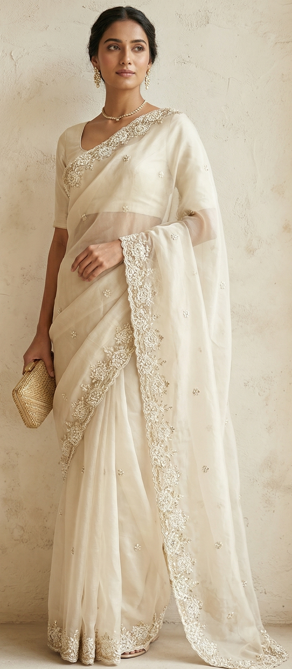 Fancy Organza Saree in Soft Ivory with Embroidered Border