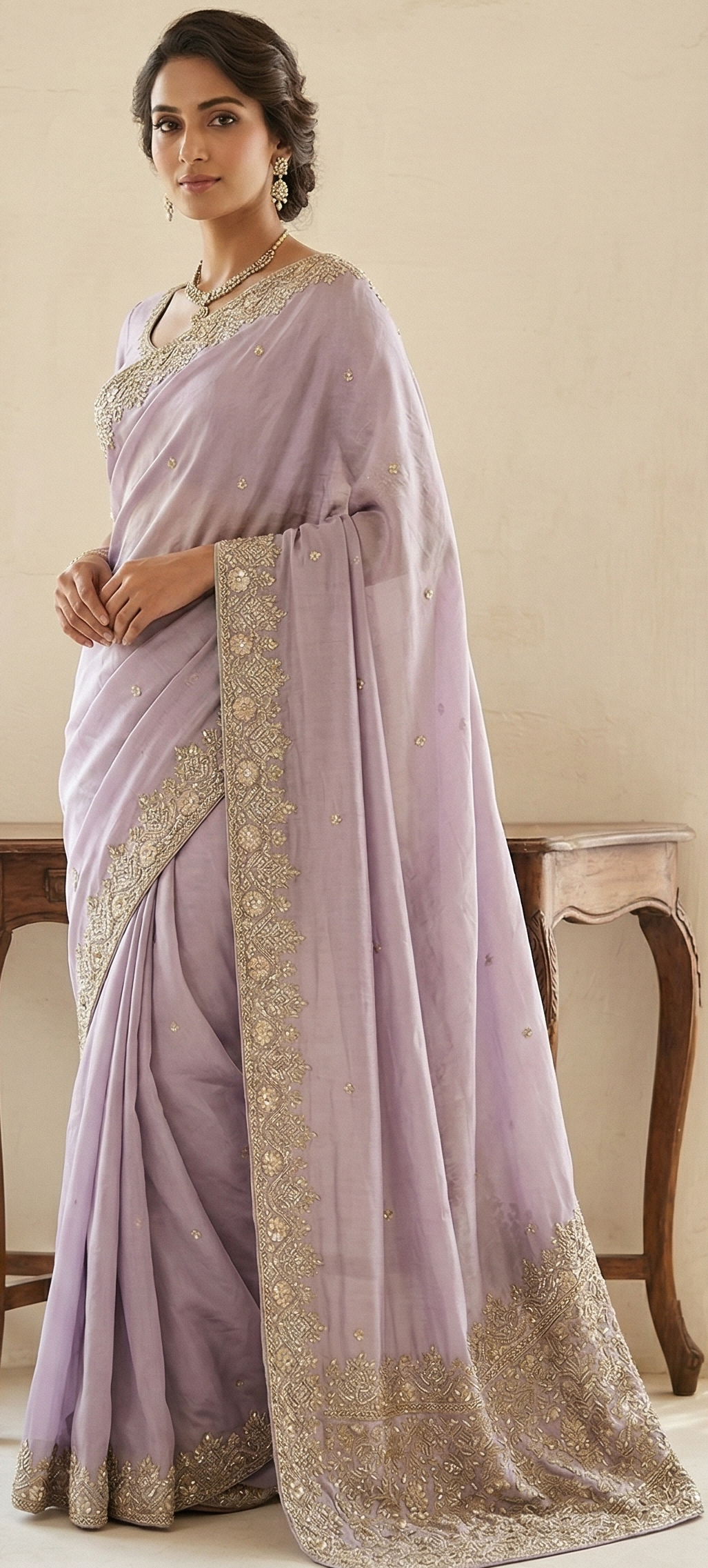 Fancy Organza Saree in Soft Lavender with Embroidered Border