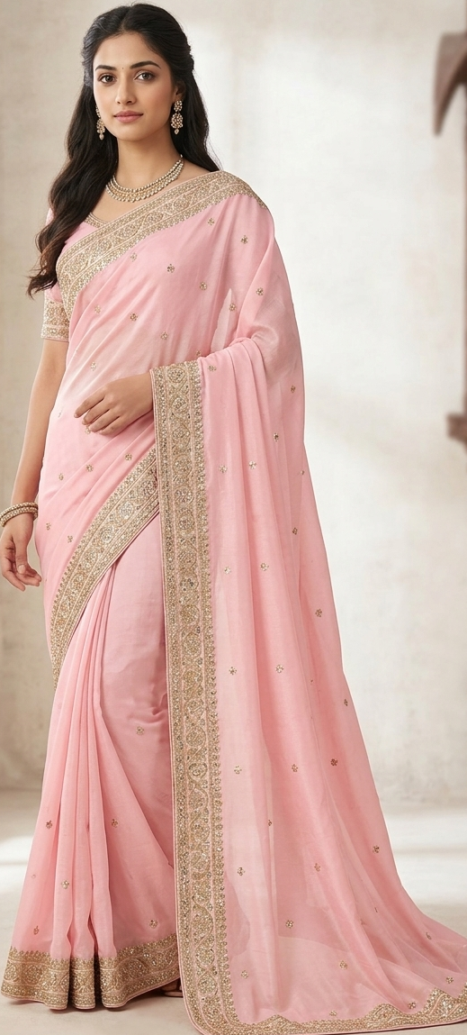 Fancy Organza Saree in Pastel Baby Pink with Embroidered Border