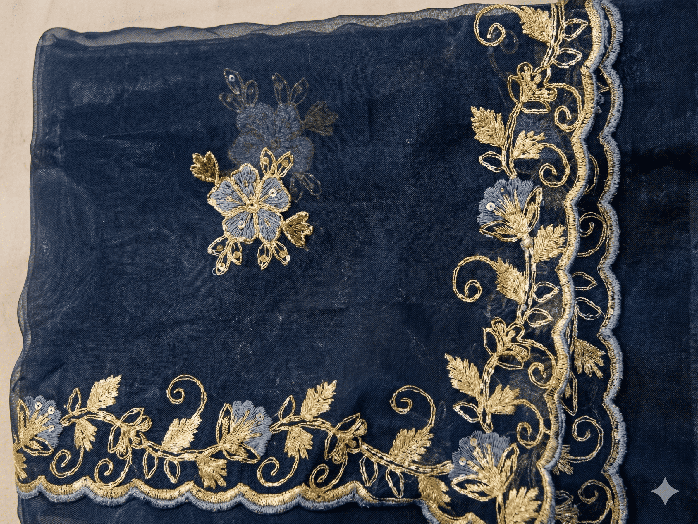 Fancy Organza Saree in Midnight Blue with Golden Embroidered Border