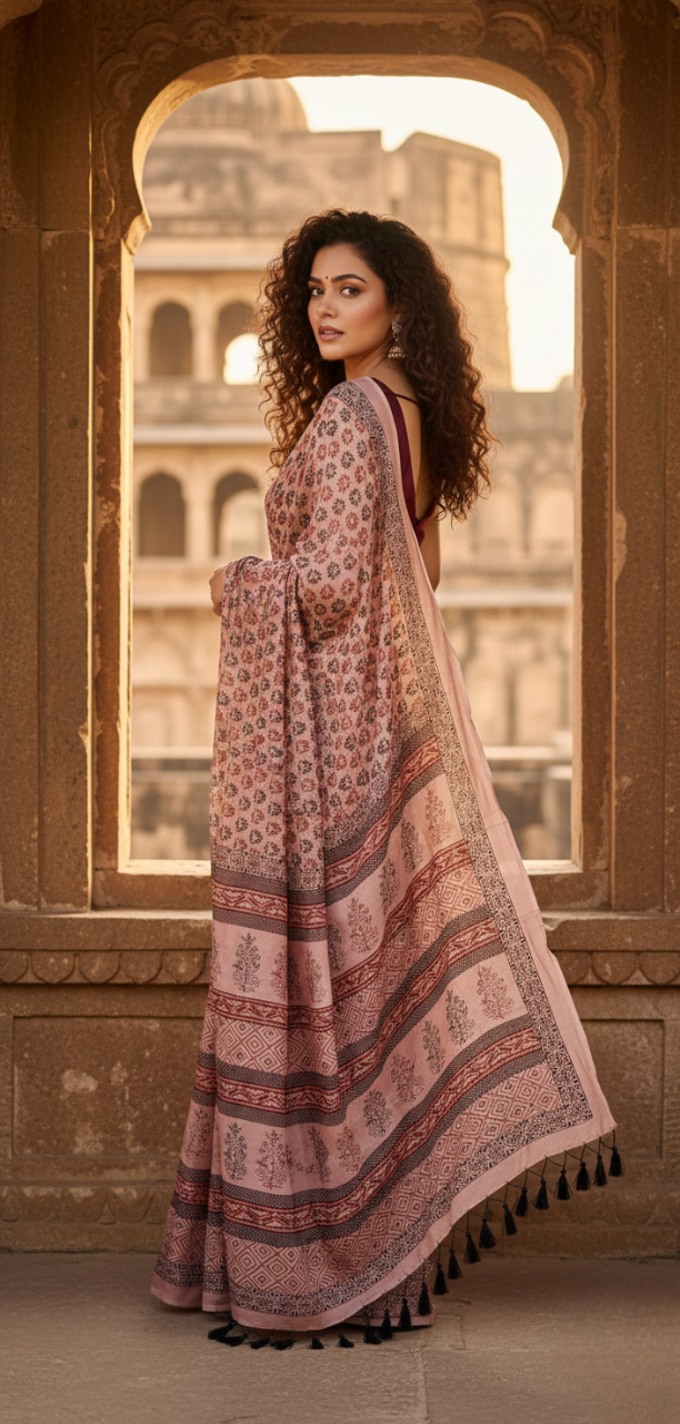 Bagh Print Muslin Silk Saree in Dusty Pink with Maroon & Black Motifs