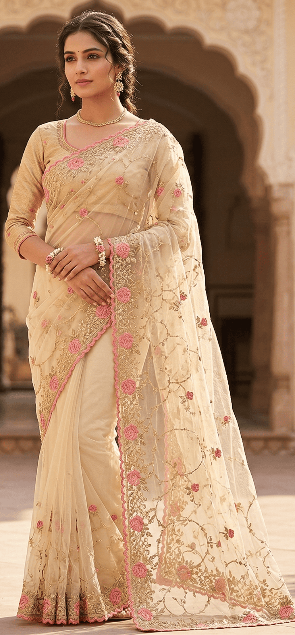 Fancy Organza Saree in Pistachio Green with Floral Vine Embroidery
